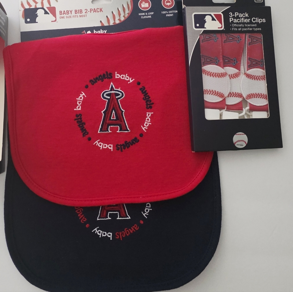 MLB Angels Baby Bib And Pacifier Clip 5 Piece Gift Set Red, White &…